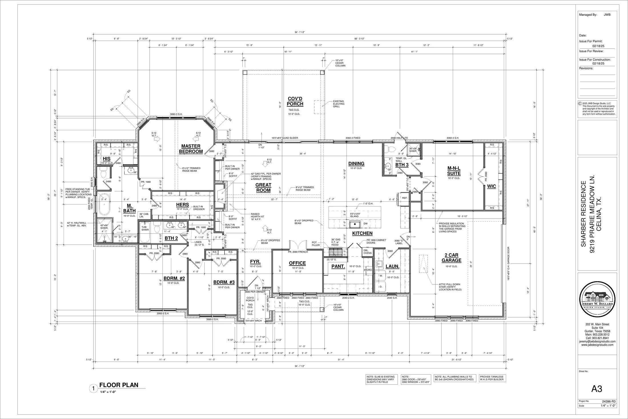 First floor plan of the main residence, showing the master bedroom, two further bedrooms, an office, the kitchen and great room, a covered porch, and a two-car garage